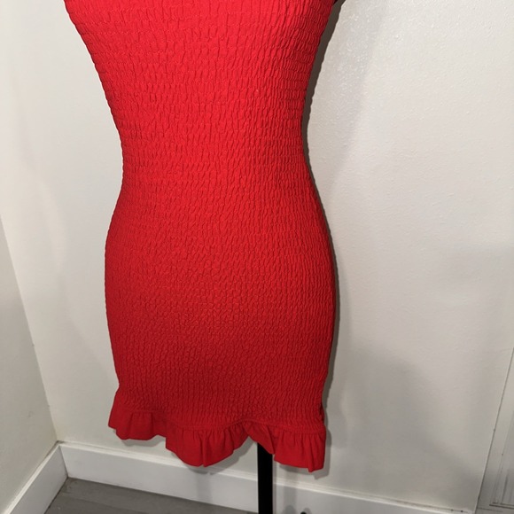 Storia Smocked Red Linen Mini Dress Size S‎ Ruffle - Picture 3 of 11